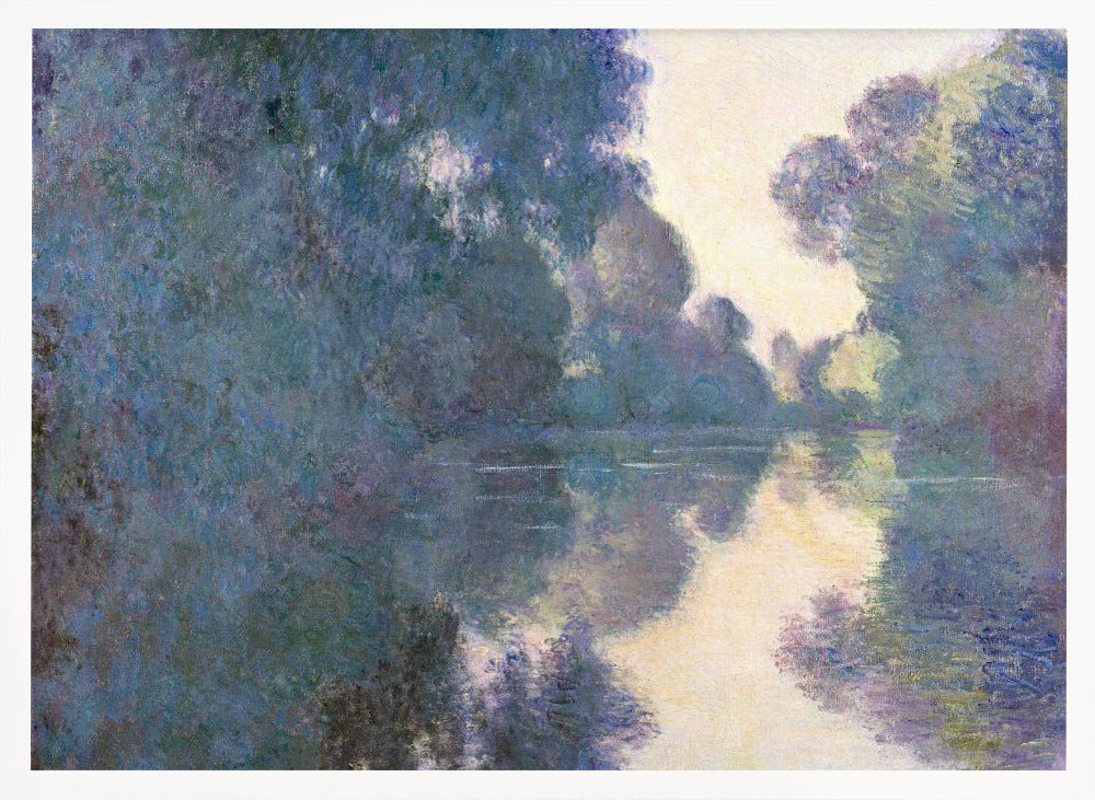 An Impressionist painting in a silver frame depicting a hazy river scene. Lush trees in shades of blue and purple line the banks, their forms and a patch of pale yellow sky softly reflected in the calm water. Artwork