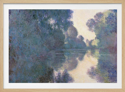 An Impressionist painting in a silver frame depicting a hazy river scene. Lush trees in shades of blue and purple line the banks, their forms and a patch of pale yellow sky softly reflected in the calm water. Artwork
