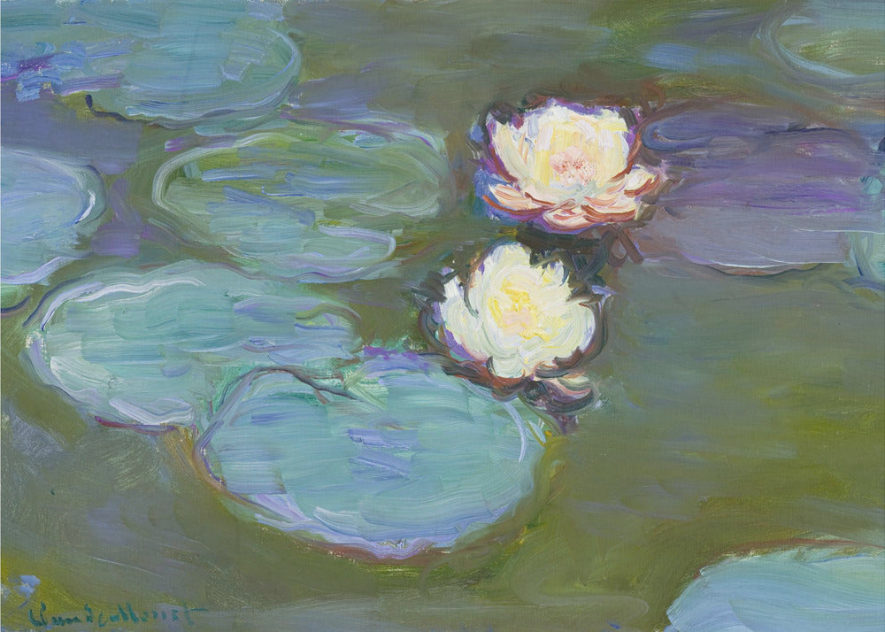 An Impressionist painting by Claude Monet of two white water lilies floating on a pond among large, blue-green lily pads, captured with thick, visible brushstrokes and framed in a silver frame. Print