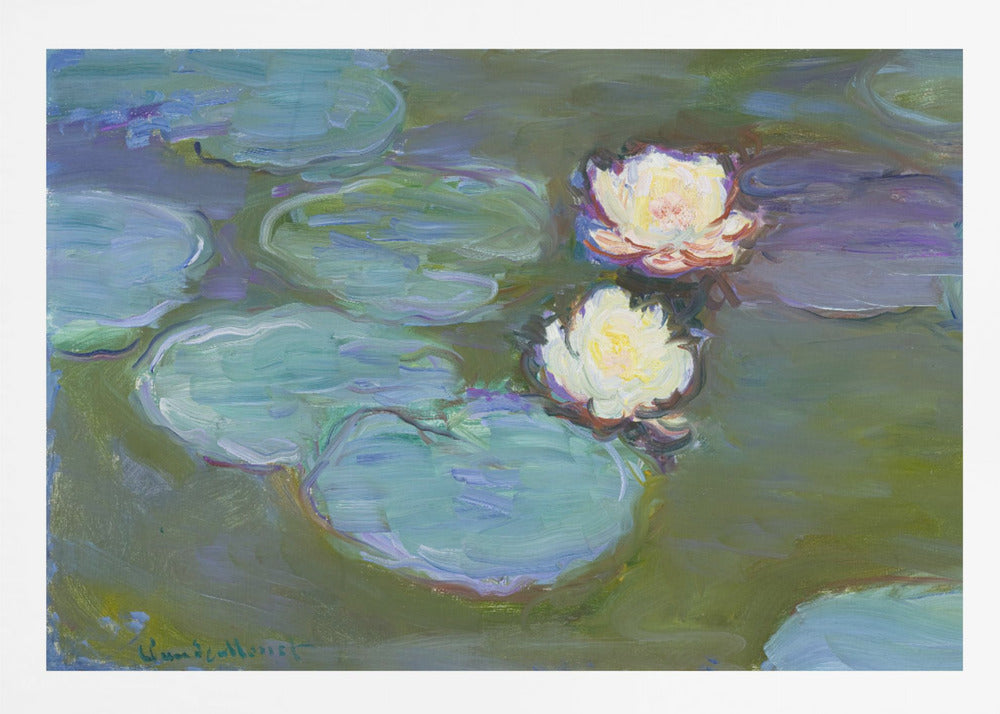 An Impressionist painting by Claude Monet of two white water lilies floating on a pond among large, blue-green lily pads, captured with thick, visible brushstrokes and framed in a silver frame. Print