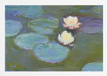 An Impressionist painting by Claude Monet of two white water lilies floating on a pond among large, blue-green lily pads, captured with thick, visible brushstrokes and framed in a silver frame. Print