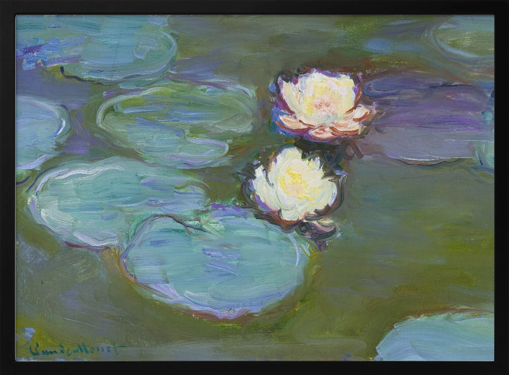 An Impressionist painting by Claude Monet of two white water lilies floating on a pond among large, blue-green lily pads, captured with thick, visible brushstrokes and framed in a silver frame. Print