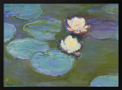 An Impressionist painting by Claude Monet of two white water lilies floating on a pond among large, blue-green lily pads, captured with thick, visible brushstrokes and framed in a silver frame. Print