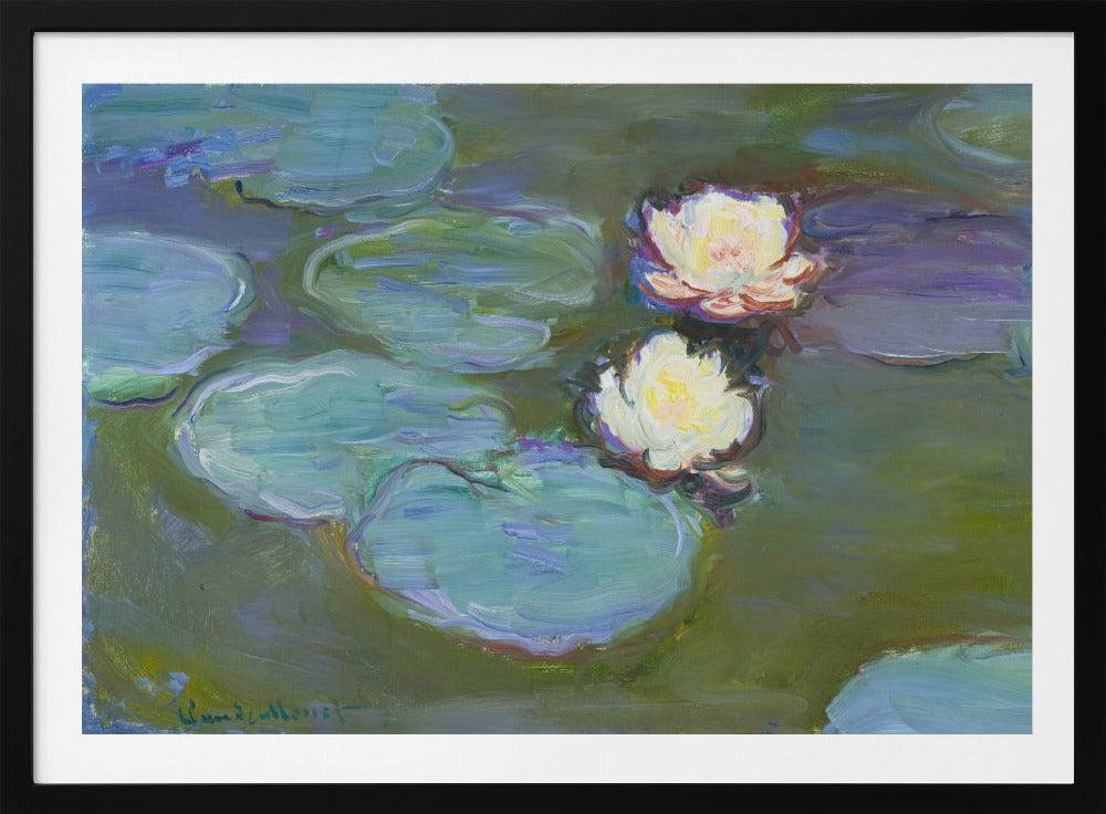 An Impressionist painting by Claude Monet of two white water lilies floating on a pond among large, blue-green lily pads, captured with thick, visible brushstrokes and framed in a silver frame. Print