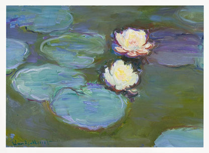 An Impressionist painting by Claude Monet of two white water lilies floating on a pond among large, blue-green lily pads, captured with thick, visible brushstrokes and framed in a silver frame. Print