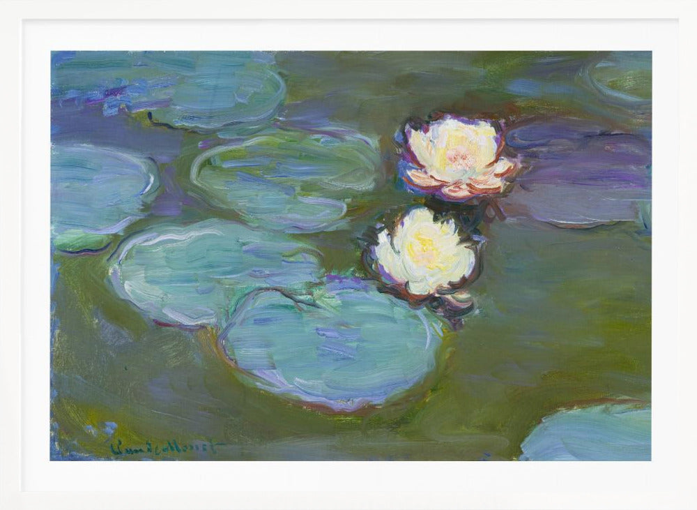 An Impressionist painting by Claude Monet of two white water lilies floating on a pond among large, blue-green lily pads, captured with thick, visible brushstrokes and framed in a silver frame. Print