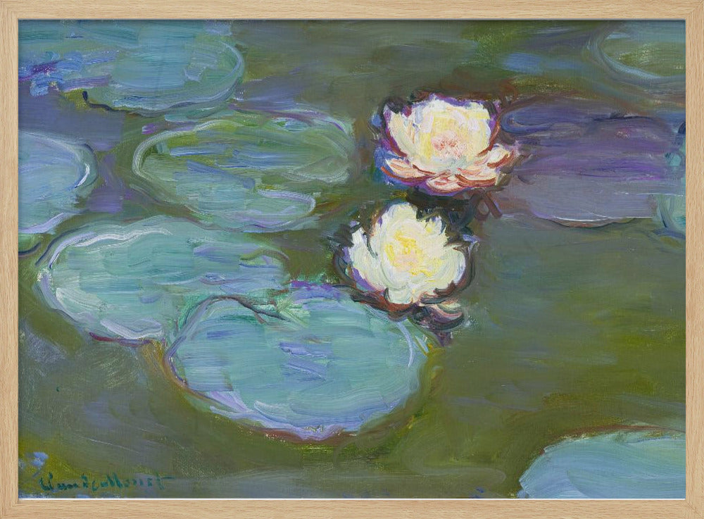 An Impressionist painting by Claude Monet of two white water lilies floating on a pond among large, blue-green lily pads, captured with thick, visible brushstrokes and framed in a silver frame. Print