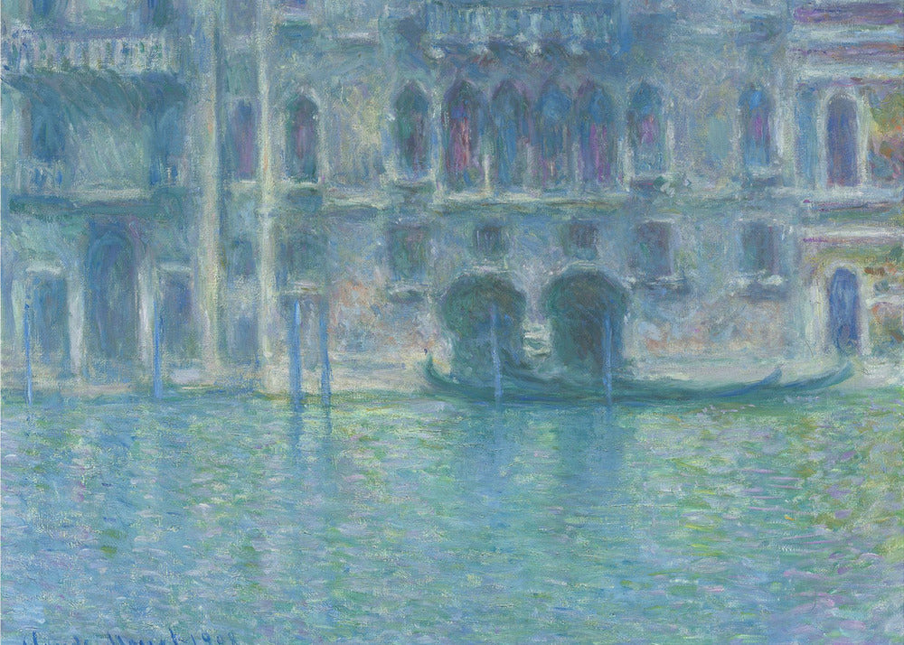 An Impressionist painting by Claude Monet titled 'The Palazzo Contarini,' depicting a grand Venetian building from across a canal. The artwork is characterized by hazy, blended brushstrokes in a cool palette of blues, greens, and purples, creating a misty and atmospheric effect on the water and architecture. A single gondola is moored near the building's entrance. The painting is displayed within a silver frame. Decor