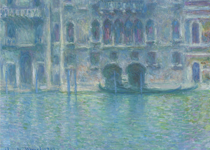 An Impressionist painting by Claude Monet titled 'The Palazzo Contarini,' depicting a grand Venetian building from across a canal. The artwork is characterized by hazy, blended brushstrokes in a cool palette of blues, greens, and purples, creating a misty and atmospheric effect on the water and architecture. A single gondola is moored near the building's entrance. The painting is displayed within a silver frame. Decor