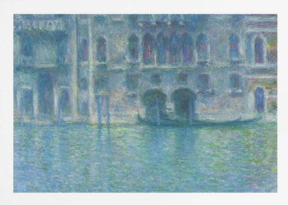 An Impressionist painting by Claude Monet titled 'The Palazzo Contarini,' depicting a grand Venetian building from across a canal. The artwork is characterized by hazy, blended brushstrokes in a cool palette of blues, greens, and purples, creating a misty and atmospheric effect on the water and architecture. A single gondola is moored near the building's entrance. The painting is displayed within a silver frame. Decor