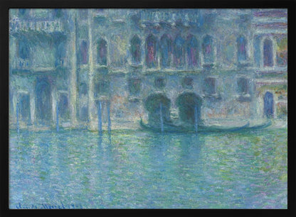 An Impressionist painting by Claude Monet titled 'The Palazzo Contarini,' depicting a grand Venetian building from across a canal. The artwork is characterized by hazy, blended brushstrokes in a cool palette of blues, greens, and purples, creating a misty and atmospheric effect on the water and architecture. A single gondola is moored near the building's entrance. The painting is displayed within a silver frame. Decor