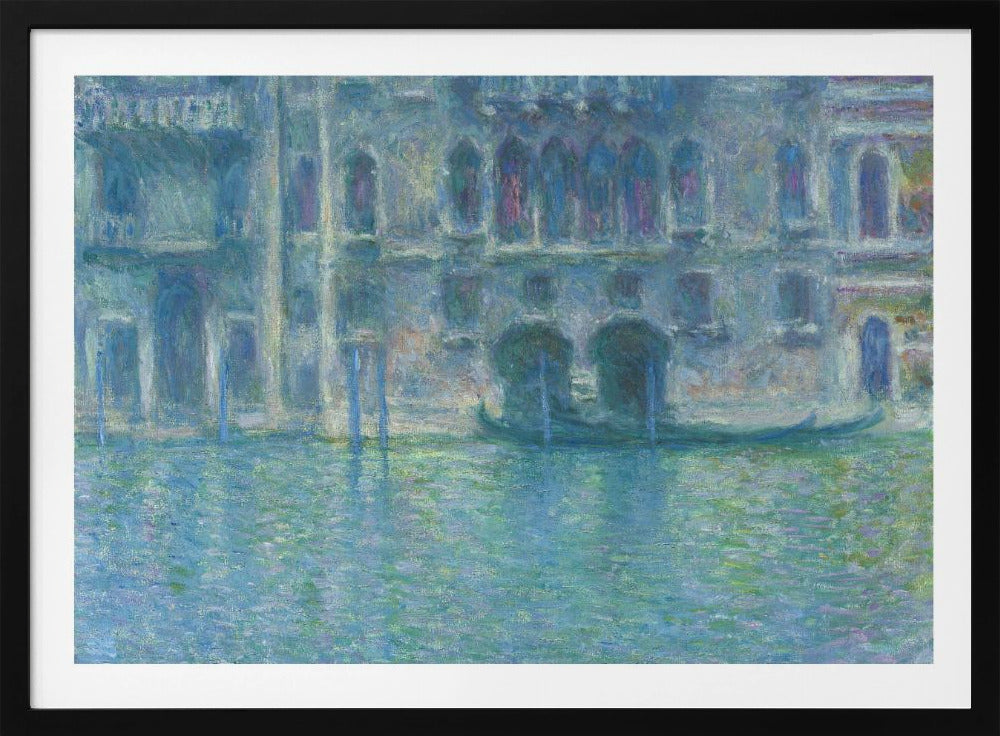 An Impressionist painting by Claude Monet titled 'The Palazzo Contarini,' depicting a grand Venetian building from across a canal. The artwork is characterized by hazy, blended brushstrokes in a cool palette of blues, greens, and purples, creating a misty and atmospheric effect on the water and architecture. A single gondola is moored near the building's entrance. The painting is displayed within a silver frame. Decor