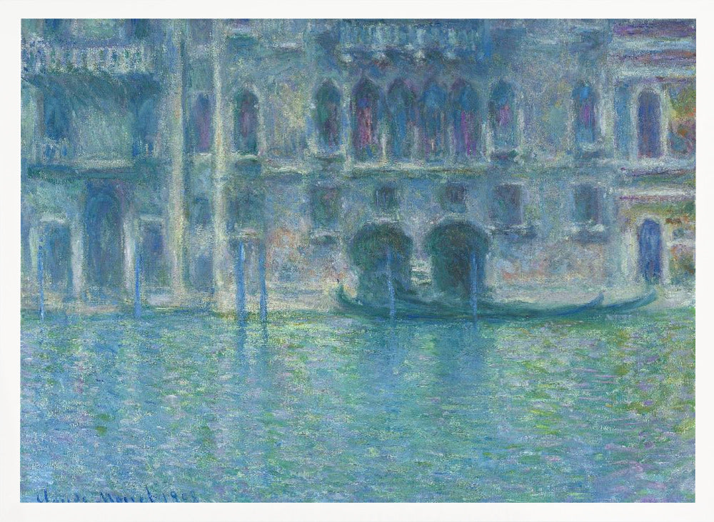 An Impressionist painting by Claude Monet titled 'The Palazzo Contarini,' depicting a grand Venetian building from across a canal. The artwork is characterized by hazy, blended brushstrokes in a cool palette of blues, greens, and purples, creating a misty and atmospheric effect on the water and architecture. A single gondola is moored near the building's entrance. The painting is displayed within a silver frame. Decor