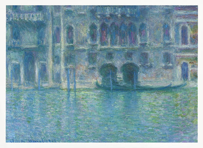 An Impressionist painting by Claude Monet titled 'The Palazzo Contarini,' depicting a grand Venetian building from across a canal. The artwork is characterized by hazy, blended brushstrokes in a cool palette of blues, greens, and purples, creating a misty and atmospheric effect on the water and architecture. A single gondola is moored near the building's entrance. The painting is displayed within a silver frame. Decor
