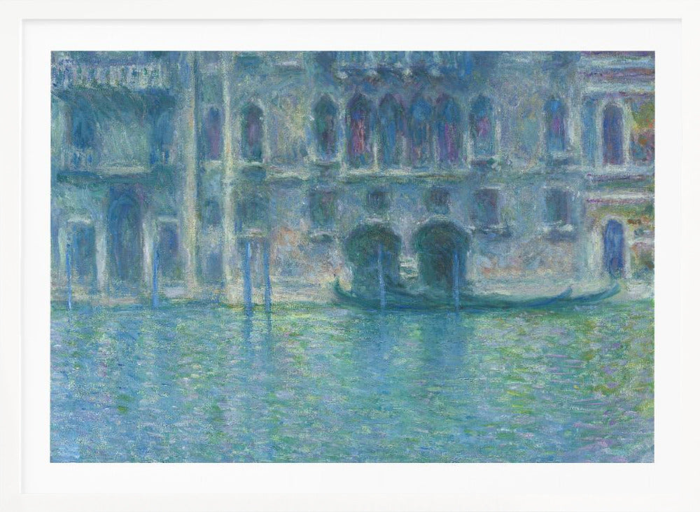 An Impressionist painting by Claude Monet titled 'The Palazzo Contarini,' depicting a grand Venetian building from across a canal. The artwork is characterized by hazy, blended brushstrokes in a cool palette of blues, greens, and purples, creating a misty and atmospheric effect on the water and architecture. A single gondola is moored near the building's entrance. The painting is displayed within a silver frame. Decor