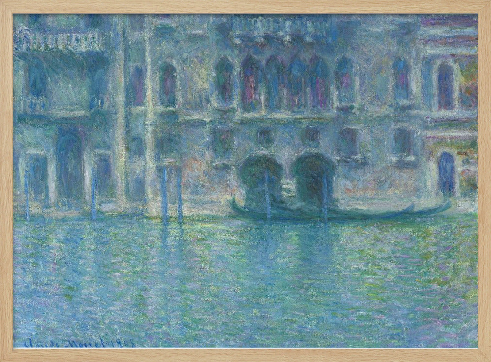 An Impressionist painting by Claude Monet titled 'The Palazzo Contarini,' depicting a grand Venetian building from across a canal. The artwork is characterized by hazy, blended brushstrokes in a cool palette of blues, greens, and purples, creating a misty and atmospheric effect on the water and architecture. A single gondola is moored near the building's entrance. The painting is displayed within a silver frame. Decor