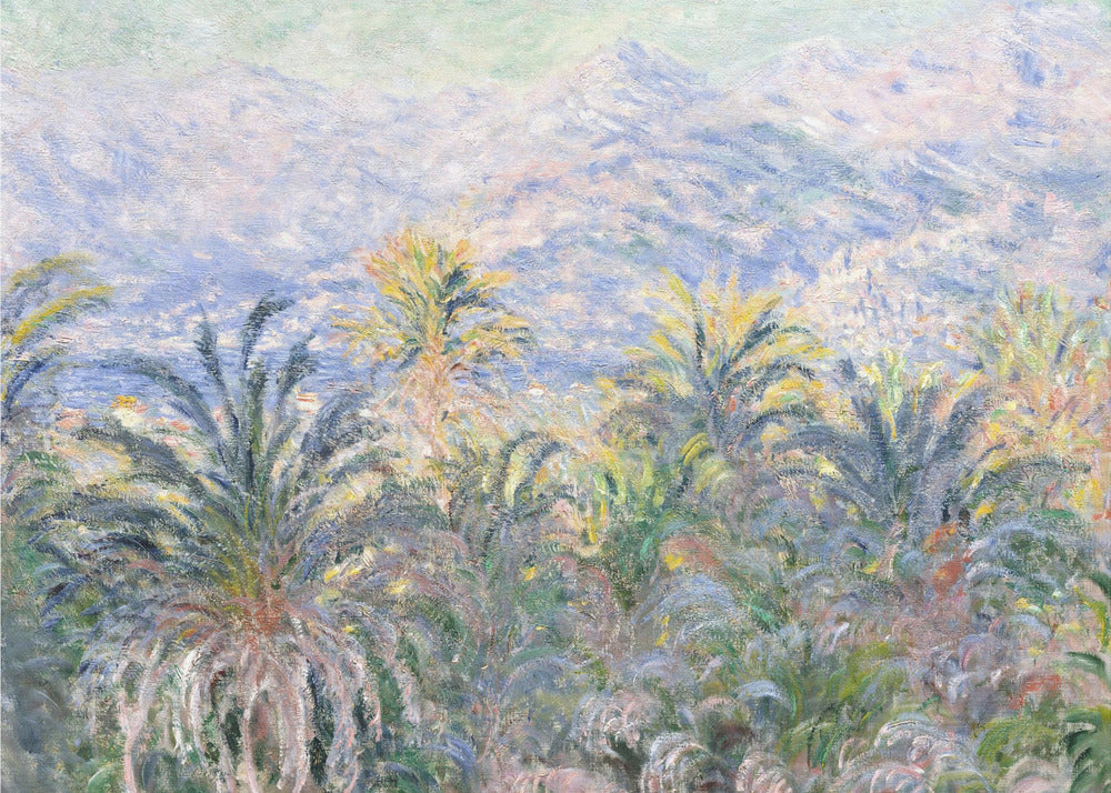 Impressionist painting 'View of Bordighera' by Claude Monet, featuring a lush foreground of green and yellow palm trees overlooking a hazy, sun-drenched coastal town and distant blue mountains, all rendered with soft, dappled brushstrokes and set within a silver frame. Artwork