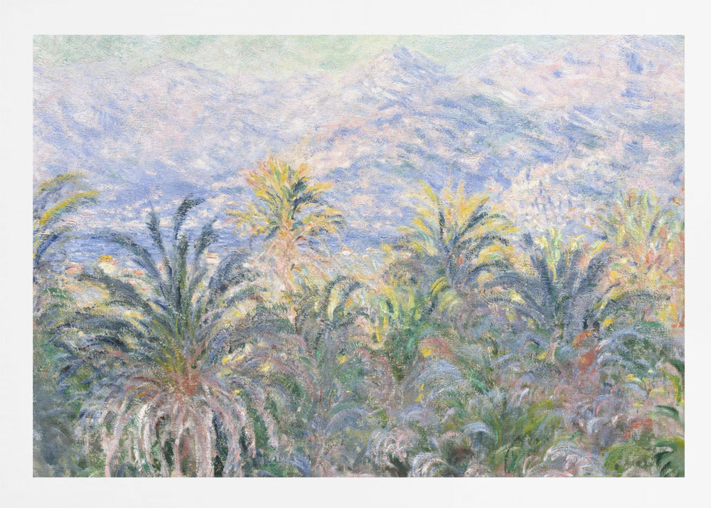 Impressionist painting 'View of Bordighera' by Claude Monet, featuring a lush foreground of green and yellow palm trees overlooking a hazy, sun-drenched coastal town and distant blue mountains, all rendered with soft, dappled brushstrokes and set within a silver frame. Artwork