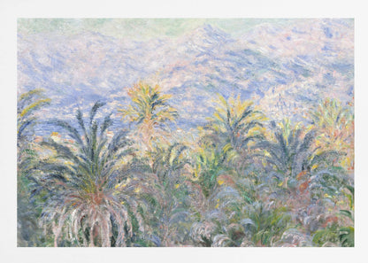 Impressionist painting 'View of Bordighera' by Claude Monet, featuring a lush foreground of green and yellow palm trees overlooking a hazy, sun-drenched coastal town and distant blue mountains, all rendered with soft, dappled brushstrokes and set within a silver frame. Artwork