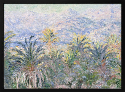 Impressionist painting 'View of Bordighera' by Claude Monet, featuring a lush foreground of green and yellow palm trees overlooking a hazy, sun-drenched coastal town and distant blue mountains, all rendered with soft, dappled brushstrokes and set within a silver frame. Artwork