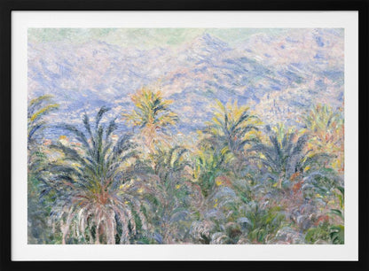 Impressionist painting 'View of Bordighera' by Claude Monet, featuring a lush foreground of green and yellow palm trees overlooking a hazy, sun-drenched coastal town and distant blue mountains, all rendered with soft, dappled brushstrokes and set within a silver frame. Artwork