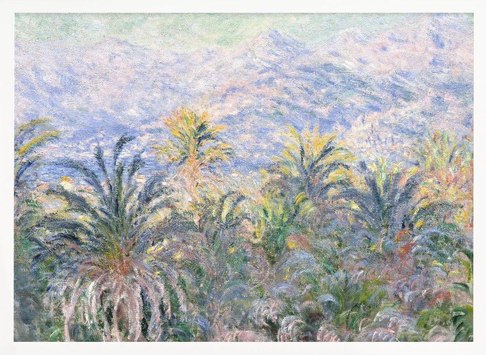 Impressionist painting 'View of Bordighera' by Claude Monet, featuring a lush foreground of green and yellow palm trees overlooking a hazy, sun-drenched coastal town and distant blue mountains, all rendered with soft, dappled brushstrokes and set within a silver frame. Artwork