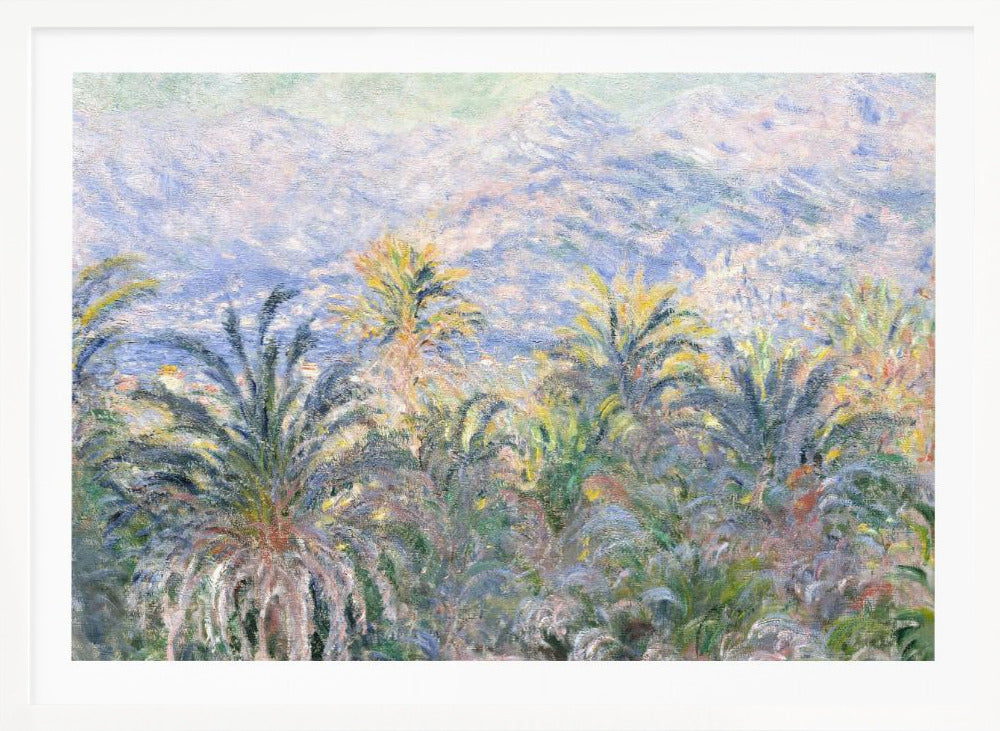 Impressionist painting 'View of Bordighera' by Claude Monet, featuring a lush foreground of green and yellow palm trees overlooking a hazy, sun-drenched coastal town and distant blue mountains, all rendered with soft, dappled brushstrokes and set within a silver frame. Artwork