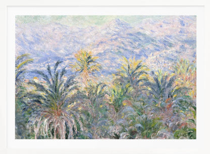 Impressionist painting 'View of Bordighera' by Claude Monet, featuring a lush foreground of green and yellow palm trees overlooking a hazy, sun-drenched coastal town and distant blue mountains, all rendered with soft, dappled brushstrokes and set within a silver frame. Artwork