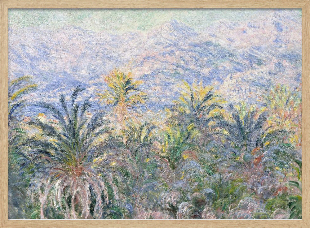 Impressionist painting 'View of Bordighera' by Claude Monet, featuring a lush foreground of green and yellow palm trees overlooking a hazy, sun-drenched coastal town and distant blue mountains, all rendered with soft, dappled brushstrokes and set within a silver frame. Artwork