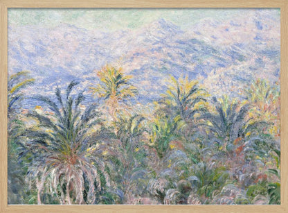 Impressionist painting 'View of Bordighera' by Claude Monet, featuring a lush foreground of green and yellow palm trees overlooking a hazy, sun-drenched coastal town and distant blue mountains, all rendered with soft, dappled brushstrokes and set within a silver frame. Artwork