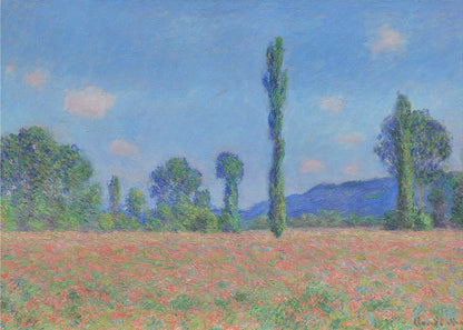 An impressionist painting of a vibrant landscape, 'Poppy Field' by Claude Monet, in a silver frame. It depicts a field of red flowers in the foreground, with a line of green trees and tall poplars against a backdrop of distant blue hills and a bright blue sky with soft clouds. Print