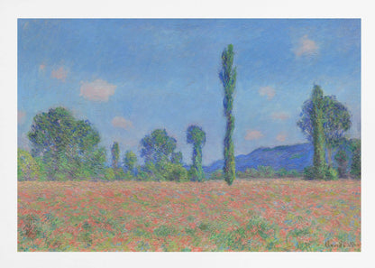 An impressionist painting of a vibrant landscape, 'Poppy Field' by Claude Monet, in a silver frame. It depicts a field of red flowers in the foreground, with a line of green trees and tall poplars against a backdrop of distant blue hills and a bright blue sky with soft clouds. Print