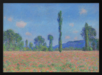 An impressionist painting of a vibrant landscape, 'Poppy Field' by Claude Monet, in a silver frame. It depicts a field of red flowers in the foreground, with a line of green trees and tall poplars against a backdrop of distant blue hills and a bright blue sky with soft clouds. Print