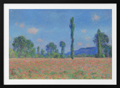 An impressionist painting of a vibrant landscape, 'Poppy Field' by Claude Monet, in a silver frame. It depicts a field of red flowers in the foreground, with a line of green trees and tall poplars against a backdrop of distant blue hills and a bright blue sky with soft clouds. Print