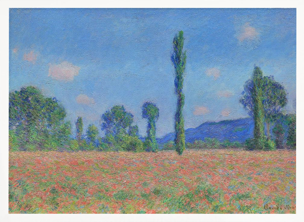 An impressionist painting of a vibrant landscape, 'Poppy Field' by Claude Monet, in a silver frame. It depicts a field of red flowers in the foreground, with a line of green trees and tall poplars against a backdrop of distant blue hills and a bright blue sky with soft clouds. Print