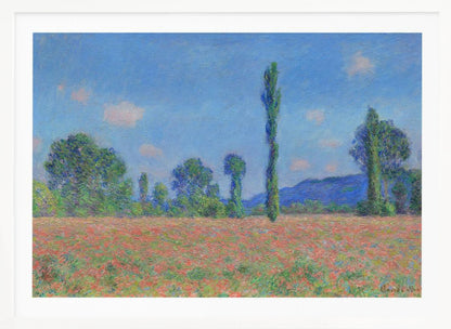 An impressionist painting of a vibrant landscape, 'Poppy Field' by Claude Monet, in a silver frame. It depicts a field of red flowers in the foreground, with a line of green trees and tall poplars against a backdrop of distant blue hills and a bright blue sky with soft clouds. Print