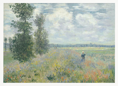 An impressionist painting by Claude Monet titled 'Poppy Field near Vétheuil', depicting a vast field of green grass dotted with red, yellow, and purple wildflowers. A figure in a white bonnet stands in the field to the right. Tall green trees are on the left, under a blue sky with fluffy white clouds. The entire scene is presented within a modern silver frame. Wall Art