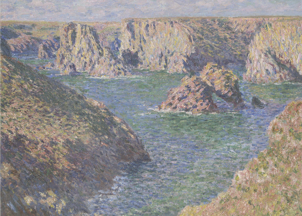 An impressionist painting by Claude Monet of a rugged coastline. Steep, sun-drenched cliffs surround a bay of choppy blue-green water. In the center, a large rock formation features a natural arch. The entire scene is rendered with visible, textured brushstrokes and is enclosed in a silver frame. Artwork