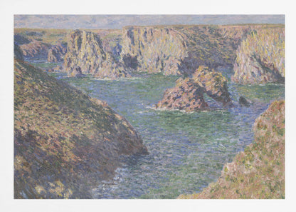 An impressionist painting by Claude Monet of a rugged coastline. Steep, sun-drenched cliffs surround a bay of choppy blue-green water. In the center, a large rock formation features a natural arch. The entire scene is rendered with visible, textured brushstrokes and is enclosed in a silver frame. Artwork