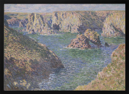 An impressionist painting by Claude Monet of a rugged coastline. Steep, sun-drenched cliffs surround a bay of choppy blue-green water. In the center, a large rock formation features a natural arch. The entire scene is rendered with visible, textured brushstrokes and is enclosed in a silver frame. Artwork