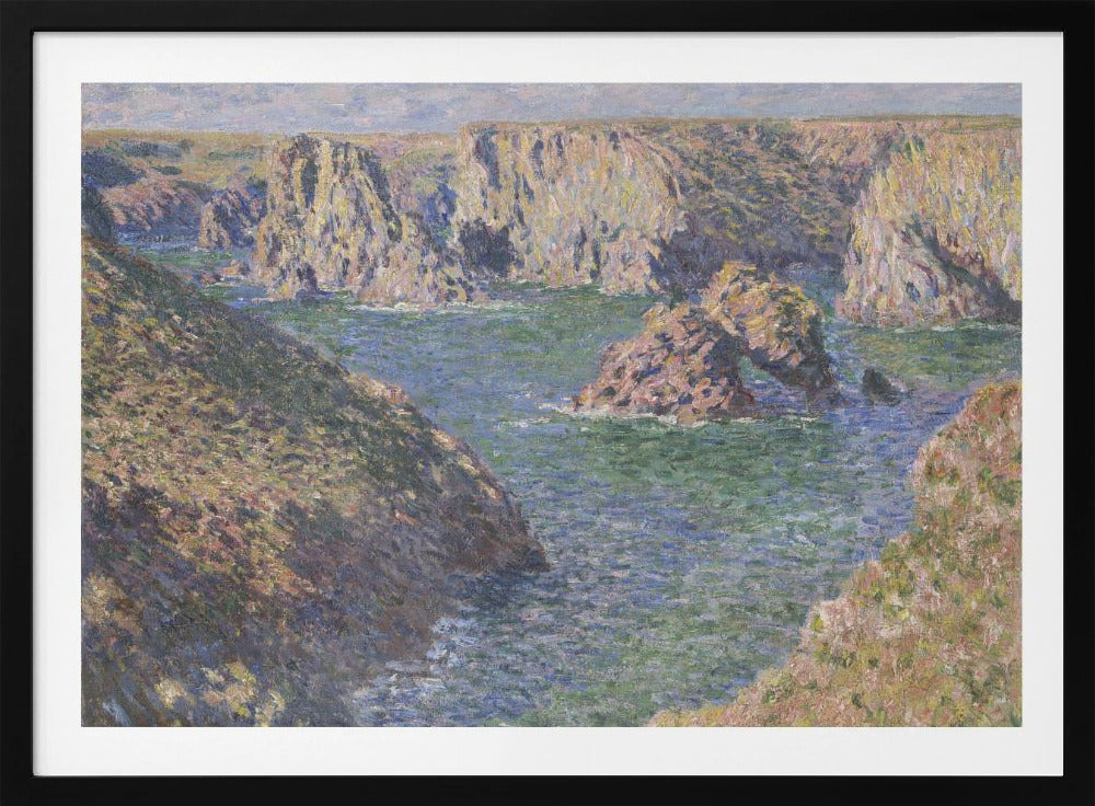 An impressionist painting by Claude Monet of a rugged coastline. Steep, sun-drenched cliffs surround a bay of choppy blue-green water. In the center, a large rock formation features a natural arch. The entire scene is rendered with visible, textured brushstrokes and is enclosed in a silver frame. Artwork