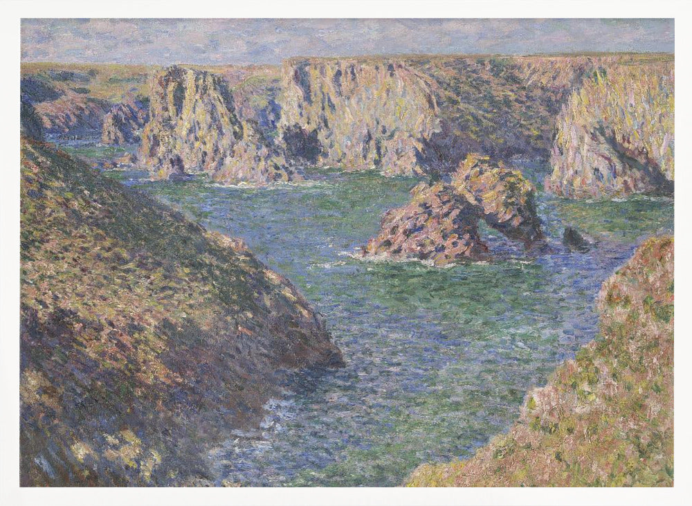 An impressionist painting by Claude Monet of a rugged coastline. Steep, sun-drenched cliffs surround a bay of choppy blue-green water. In the center, a large rock formation features a natural arch. The entire scene is rendered with visible, textured brushstrokes and is enclosed in a silver frame. Artwork