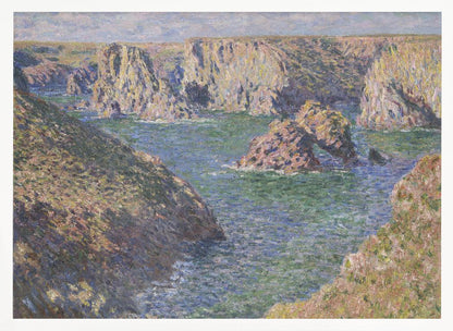 An impressionist painting by Claude Monet of a rugged coastline. Steep, sun-drenched cliffs surround a bay of choppy blue-green water. In the center, a large rock formation features a natural arch. The entire scene is rendered with visible, textured brushstrokes and is enclosed in a silver frame. Artwork