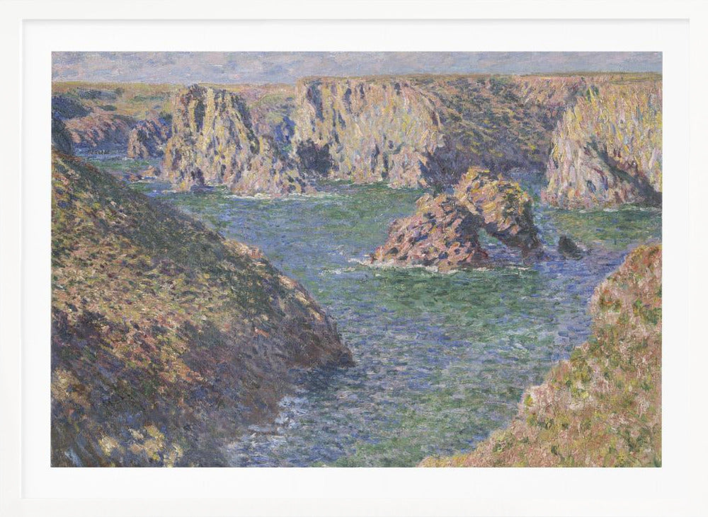 An impressionist painting by Claude Monet of a rugged coastline. Steep, sun-drenched cliffs surround a bay of choppy blue-green water. In the center, a large rock formation features a natural arch. The entire scene is rendered with visible, textured brushstrokes and is enclosed in a silver frame. Artwork
