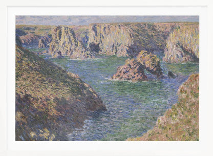 An impressionist painting by Claude Monet of a rugged coastline. Steep, sun-drenched cliffs surround a bay of choppy blue-green water. In the center, a large rock formation features a natural arch. The entire scene is rendered with visible, textured brushstrokes and is enclosed in a silver frame. Artwork