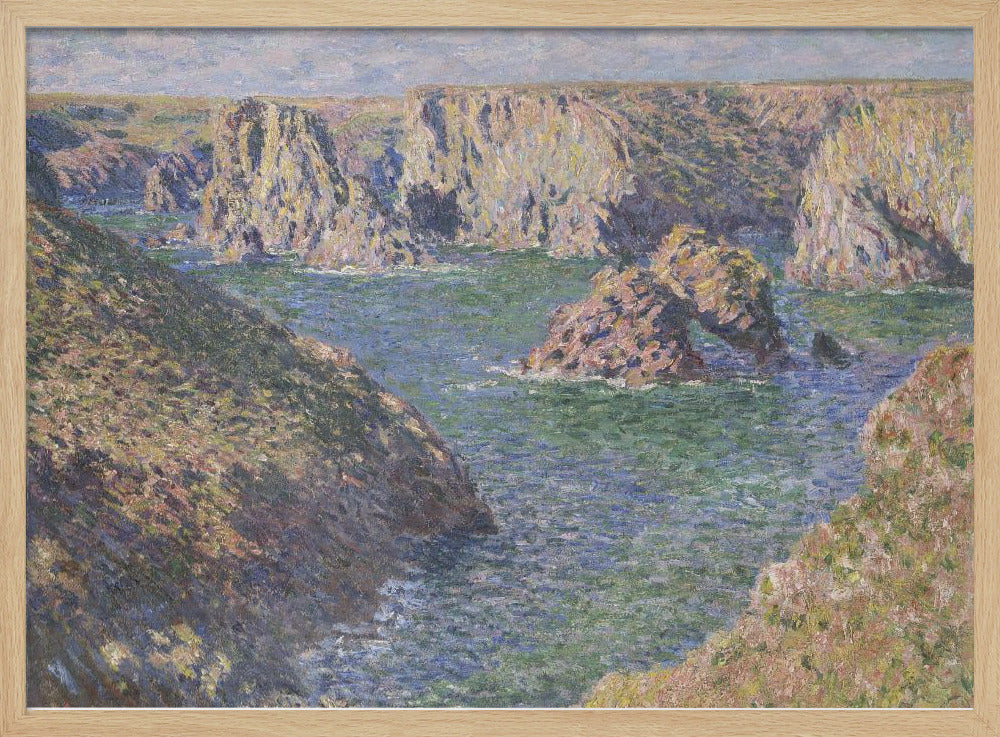 An impressionist painting by Claude Monet of a rugged coastline. Steep, sun-drenched cliffs surround a bay of choppy blue-green water. In the center, a large rock formation features a natural arch. The entire scene is rendered with visible, textured brushstrokes and is enclosed in a silver frame. Artwork