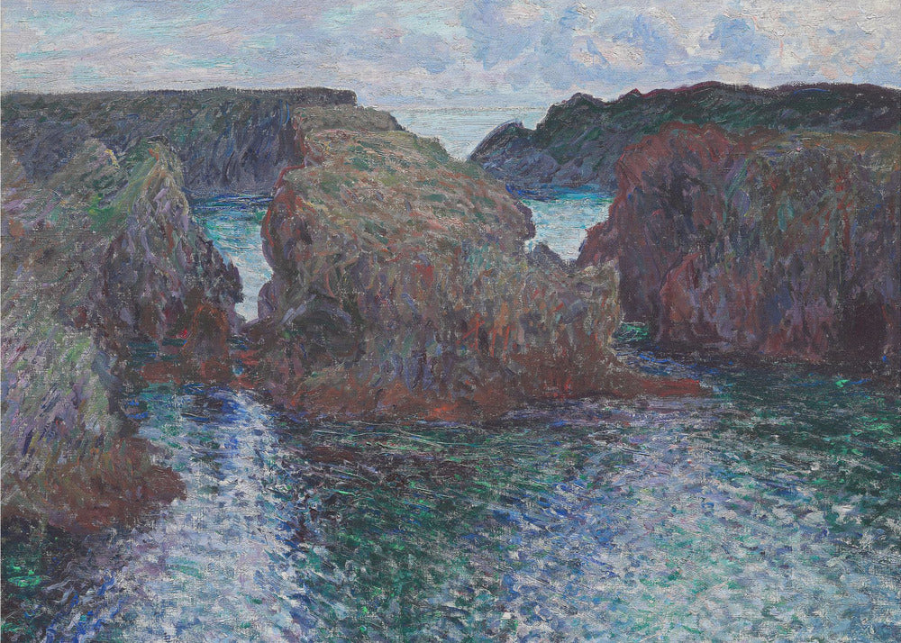 An impressionist painting of a rocky sea coast, featuring dark, craggy cliffs surrounding a turbulent channel of blue and green water under a pale, cloudy sky. The artwork is presented in a modern silver frame. Print