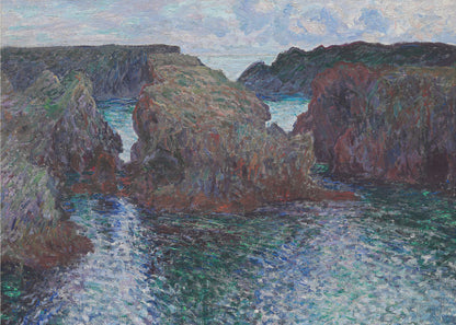 An impressionist painting of a rocky sea coast, featuring dark, craggy cliffs surrounding a turbulent channel of blue and green water under a pale, cloudy sky. The artwork is presented in a modern silver frame. Print