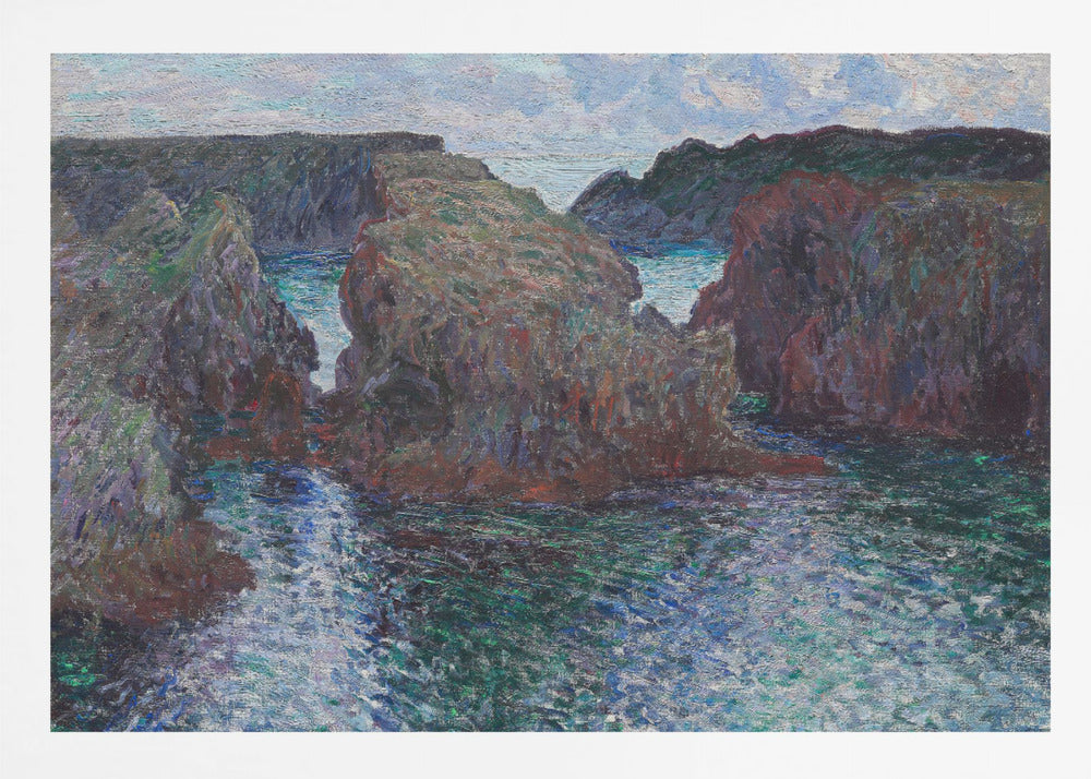 An impressionist painting of a rocky sea coast, featuring dark, craggy cliffs surrounding a turbulent channel of blue and green water under a pale, cloudy sky. The artwork is presented in a modern silver frame. Print