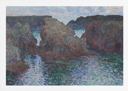 An impressionist painting of a rocky sea coast, featuring dark, craggy cliffs surrounding a turbulent channel of blue and green water under a pale, cloudy sky. The artwork is presented in a modern silver frame. Print